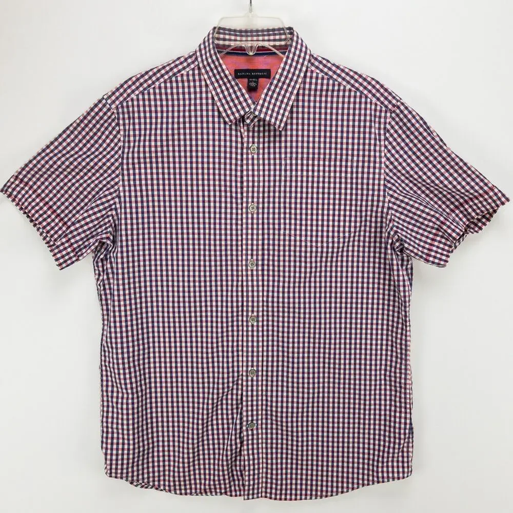Banana Republic Short Sleeve Button-Up Shirts Men's Large 16 Lot of 2 Check Blue